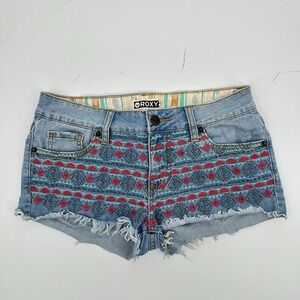 ROXY Embroidered Denim Shorts Tribal Y2K Boho Surf Low Rise Juniors 9 Festival